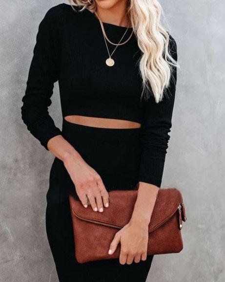 Hollow Long Sleeve Tight Midi Dress - Midi Dresses - INS | Online Fashion Free Shipping Clothing, Dresses, Tops, Shoes - 07/06/2021 - Category_Midi Dresses - Color_Black