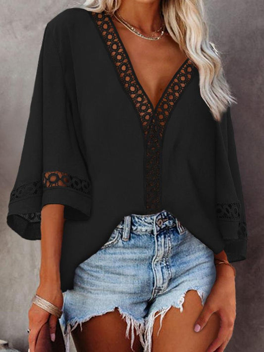 Hollow-out Bell Sleeve V-Neck Top - Blouses - INS | Online Fashion Free Shipping Clothing, Dresses, Tops, Shoes - 28/04/2021 - BLO210428049 - Blouses