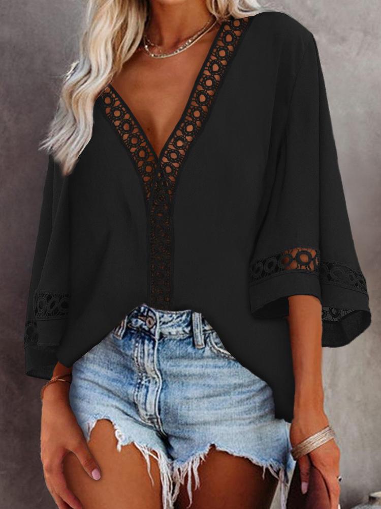 Hollow-out Bell Sleeve V-Neck Top - Blouses - INS | Online Fashion Free Shipping Clothing, Dresses, Tops, Shoes - 28/04/2021 - BLO210428049 - Blouses