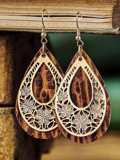 Hollow Out Floral Water Drop Leather Earrings - INS | Online Fashion Free Shipping Clothing, Dresses, Tops, Shoes