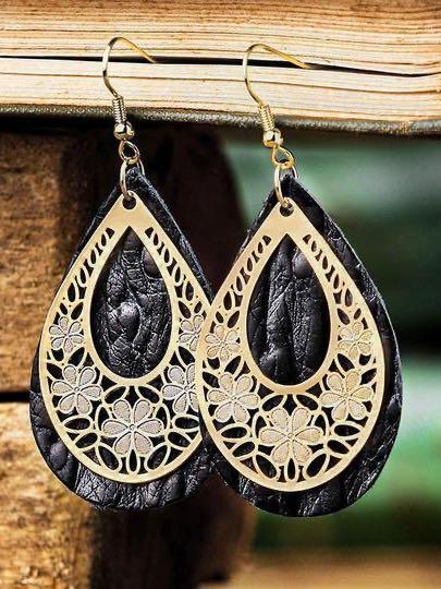 Hollow Out Floral Water Drop Leather Earrings - INS | Online Fashion Free Shipping Clothing, Dresses, Tops, Shoes