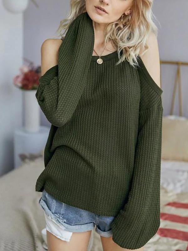 Honeycomb Knit Open Shoulder Knitwear - Sweaters - INS | Online Fashion Free Shipping Clothing, Dresses, Tops, Shoes - 02/08/2021 - Army Green - Autumn