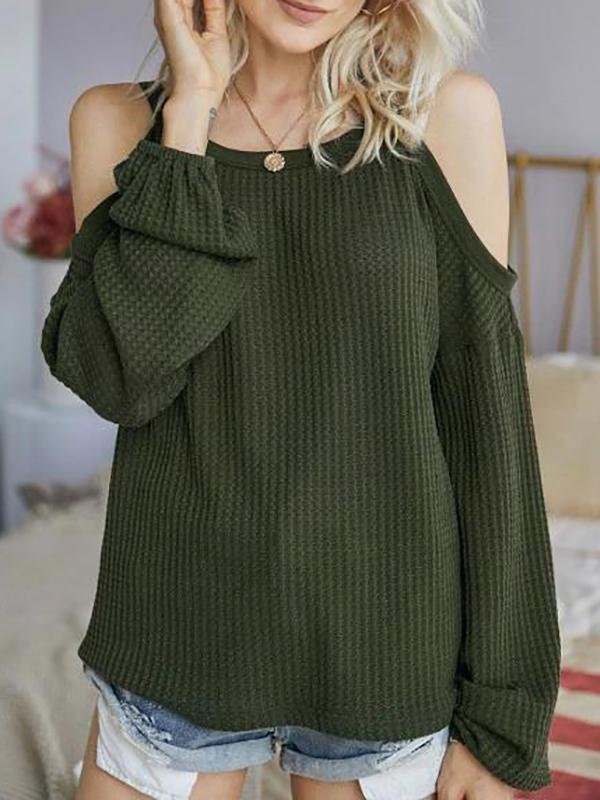 Honeycomb Knit Open Shoulder Knitwear - Sweaters - INS | Online Fashion Free Shipping Clothing, Dresses, Tops, Shoes - 02/08/2021 - Army Green - Autumn