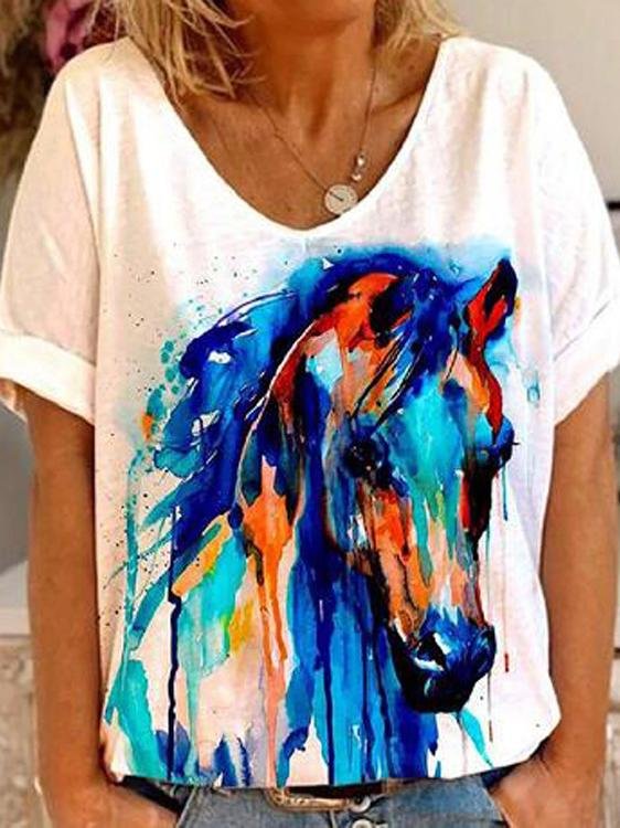 Horse Head Print Short Sleeve V-Neck T-Shirt - T-Shirts - INS | Online Fashion Free Shipping Clothing, Dresses, Tops, Shoes - 20-30 - 21/06/2021 - Category_T-Shirts