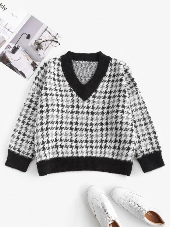 Houndstooth Fuzzy Loose Sweater - INS | Online Fashion Free Shipping Clothing, Dresses, Tops, Shoes