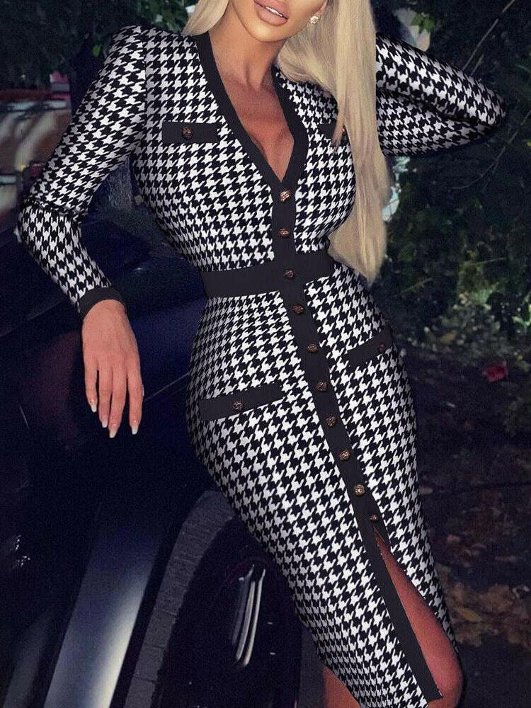 Houndstooth/Rhombus Print Long-sleeved V-neck Button Bodycon Dress - Midi Dresses - INS | Online Fashion Free Shipping Clothing, Dresses, Tops, Shoes - 12/07/2021 - 30-40 - color-black