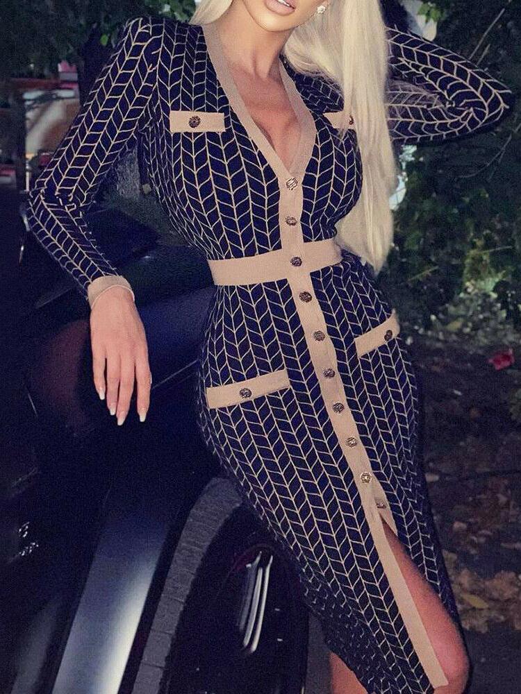 Houndstooth/Rhombus Print Long-sleeved V-neck Button Bodycon Dress - Midi Dresses - INS | Online Fashion Free Shipping Clothing, Dresses, Tops, Shoes - 12/07/2021 - 30-40 - color-black
