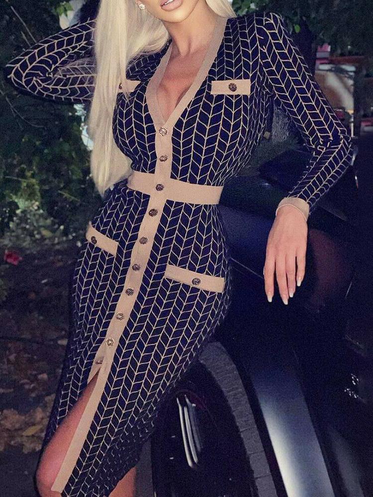 Houndstooth/Rhombus Print Long-sleeved V-neck Button Bodycon Dress - Midi Dresses - INS | Online Fashion Free Shipping Clothing, Dresses, Tops, Shoes - 12/07/2021 - 30-40 - color-black
