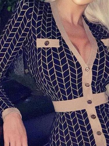 Houndstooth/Rhombus Print Long-sleeved V-neck Button Bodycon Dress - Midi Dresses - INS | Online Fashion Free Shipping Clothing, Dresses, Tops, Shoes - 12/07/2021 - 30-40 - color-black