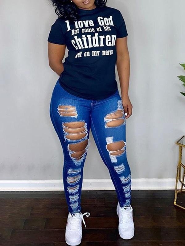 I LOVE GOD Round Neck Black Short Sleeve Women Tee - T-Shirts - INS | Online Fashion Free Shipping Clothing, Dresses, Tops, Shoes - 26/04/2021 - Color_Black - Season_Summer