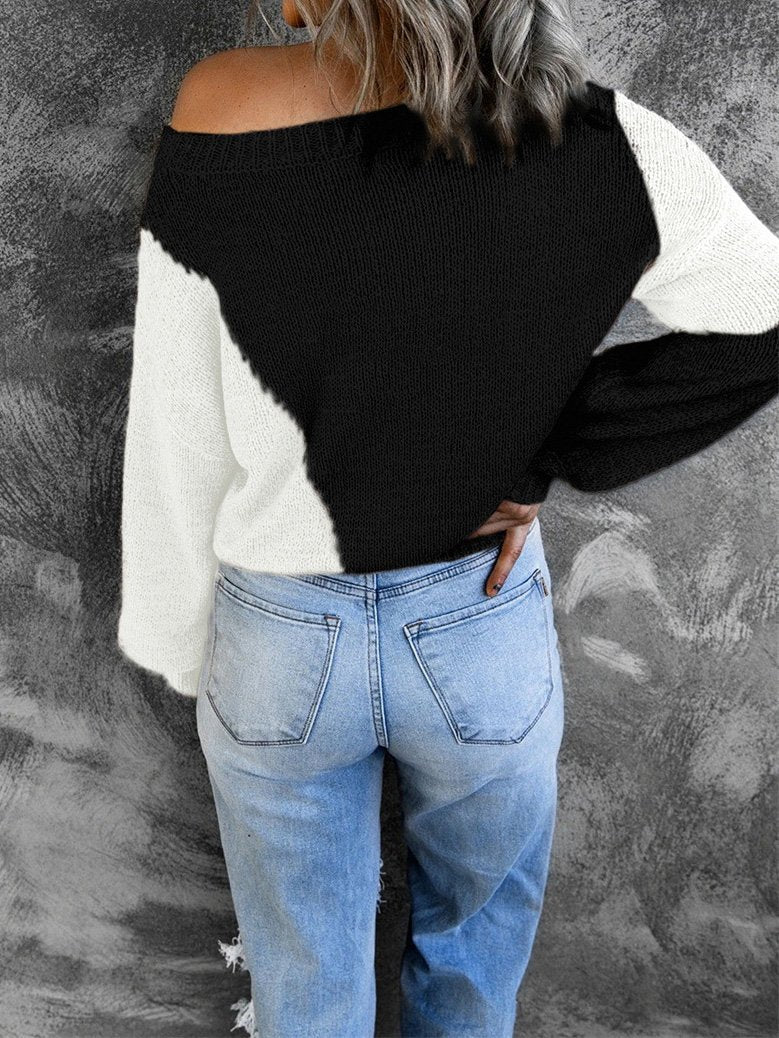 INS Women's Irregular Color Matching Off-Shoulder Sweater - Cardigans & Sweaters - INS | Online Fashion Free Shipping Clothing, Dresses, Tops, Shoes - 07/08/2021 - 30-40 - Cardigans & Sweaters