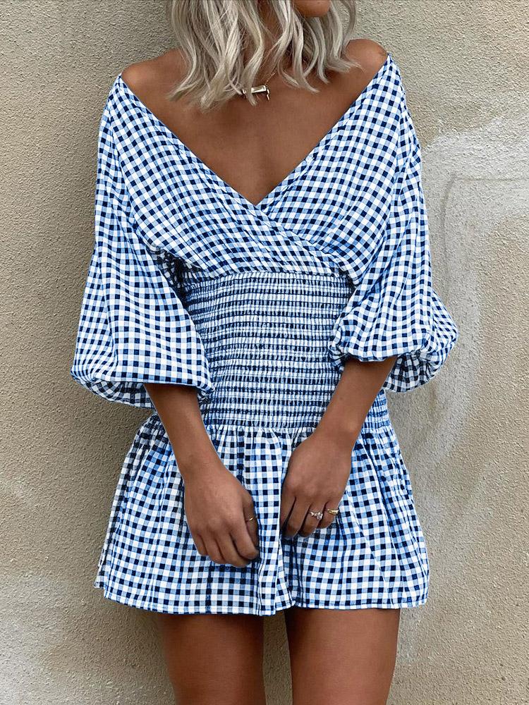 INS Women's Off Shoulder Plaid V-Neck Mini Dress - Mini Dresses - INS | Online Fashion Free Shipping Clothing, Dresses, Tops, Shoes - 02/08/2021 - 30-40 - Category_Mini Dresses