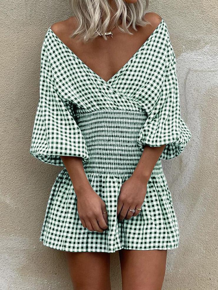 INS Women's Off Shoulder Plaid V-Neck Mini Dress - Mini Dresses - INS | Online Fashion Free Shipping Clothing, Dresses, Tops, Shoes - 02/08/2021 - 30-40 - Category_Mini Dresses