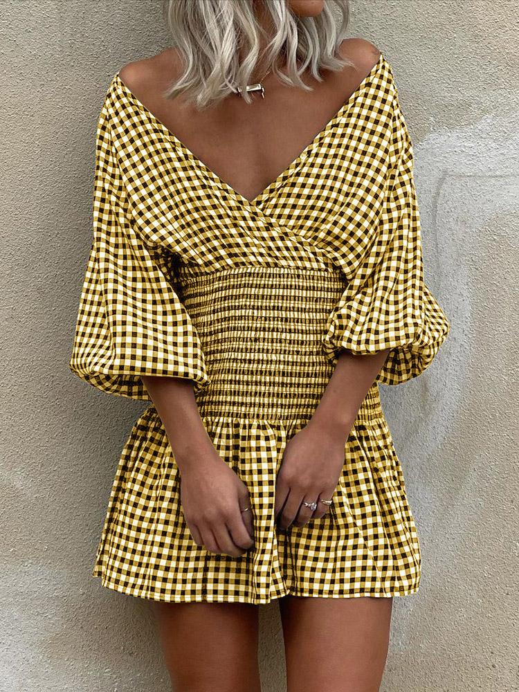 INS Women's Off Shoulder Plaid V-Neck Mini Dress - Mini Dresses - INS | Online Fashion Free Shipping Clothing, Dresses, Tops, Shoes - 02/08/2021 - 30-40 - Category_Mini Dresses