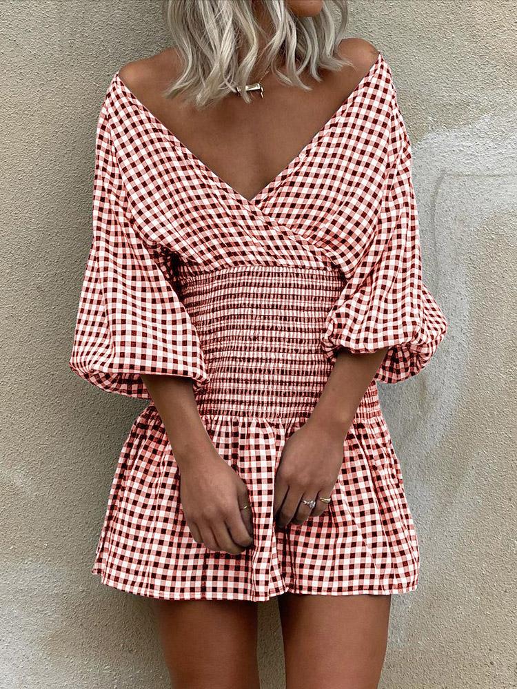 INS Women's Off Shoulder Plaid V-Neck Mini Dress - Mini Dresses - INS | Online Fashion Free Shipping Clothing, Dresses, Tops, Shoes - 02/08/2021 - 30-40 - Category_Mini Dresses