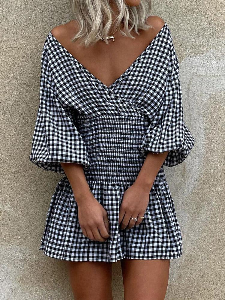 INS Women's Off Shoulder Plaid V-Neck Mini Dress - Mini Dresses - INS | Online Fashion Free Shipping Clothing, Dresses, Tops, Shoes - 02/08/2021 - 30-40 - Category_Mini Dresses