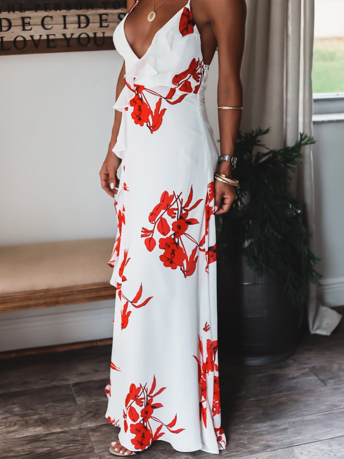 INS Women's Strap Floral Print Split Ruffle Dress - Maxi Dresses - INS | Online Fashion Free Shipping Clothing, Dresses, Tops, Shoes - 02/08/2021 - 30-40 - Category_Maxi Dresses