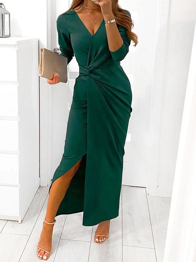 INS Women's V-Neck Long Sleeve Split Evening Dress - Maxi Dresses - INS | Online Fashion Free Shipping Clothing, Dresses, Tops, Shoes - 03/08/2021 - 20-30 - Category_Maxi Dresses