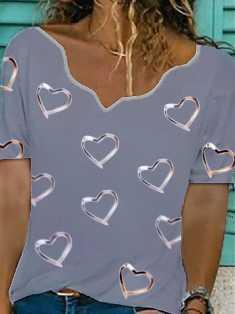 Irregular Collar Love Print Short Sleeve T-shirt - T-shirts - INS | Online Fashion Free Shipping Clothing, Dresses, Tops, Shoes - 11/06/2021 - Color_Blue - Color_Gray