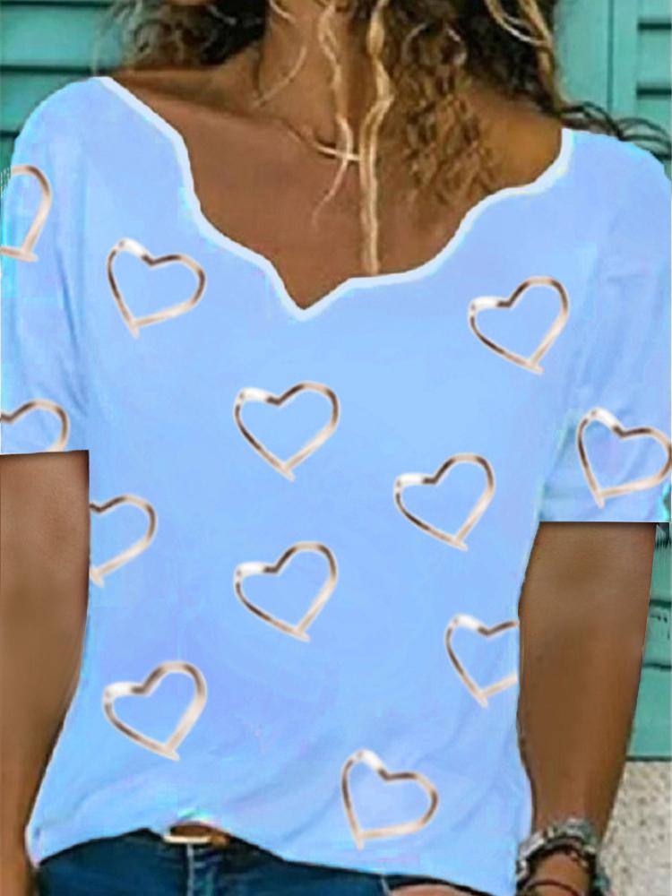 Irregular Collar Love Print Short Sleeve T-shirt - T-shirts - INS | Online Fashion Free Shipping Clothing, Dresses, Tops, Shoes - 11/06/2021 - Color_Blue - Color_Gray