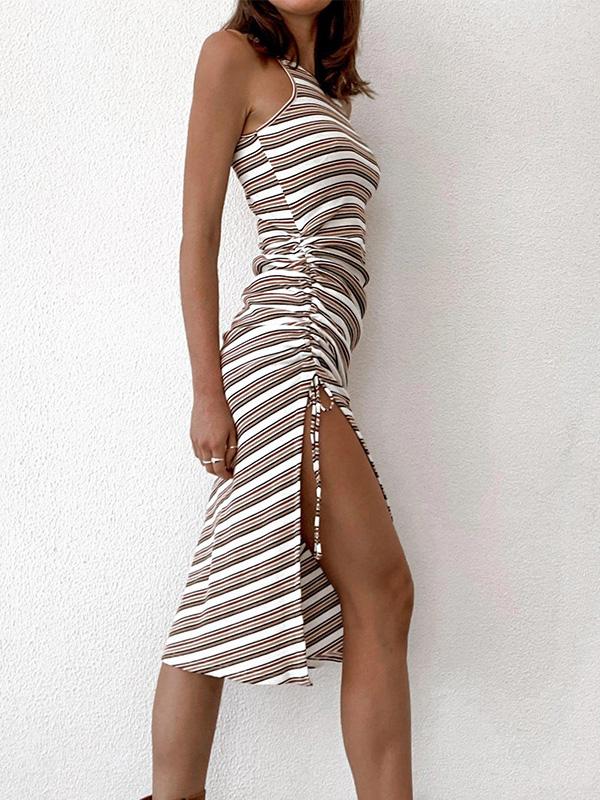 Irregular Folds Slit Sleeveless Striped Dress - Midi Dresses - INS | Online Fashion Free Shipping Clothing, Dresses, Tops, Shoes - 19/07/2021 - 20-30 - Category_Midi Dresses