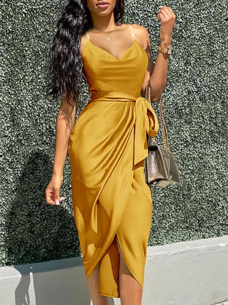 Irregular Solid V-neck Strappy Dress - Midi Dresses - INS | Online Fashion Free Shipping Clothing, Dresses, Tops, Shoes - 23/07/2021 - 30-40 - color-blue