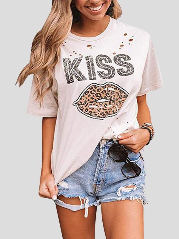 Kiss Leopard Print Round Neck Short Sleeve T-shirt - T-shirts - INS | Online Fashion Free Shipping Clothing, Dresses, Tops, Shoes - 07/07/2021 - 10-20 - color-black