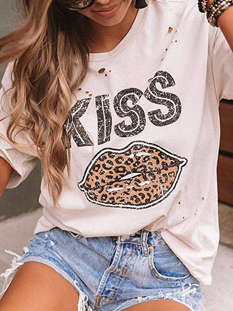Kiss Leopard Print Round Neck Short Sleeve T-shirt - T-shirts - INS | Online Fashion Free Shipping Clothing, Dresses, Tops, Shoes - 07/07/2021 - 10-20 - color-black