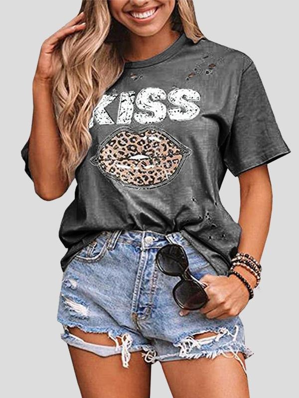 Kiss Leopard Print Round Neck Short Sleeve T-shirt - T-shirts - INS | Online Fashion Free Shipping Clothing, Dresses, Tops, Shoes - 07/07/2021 - 10-20 - color-black