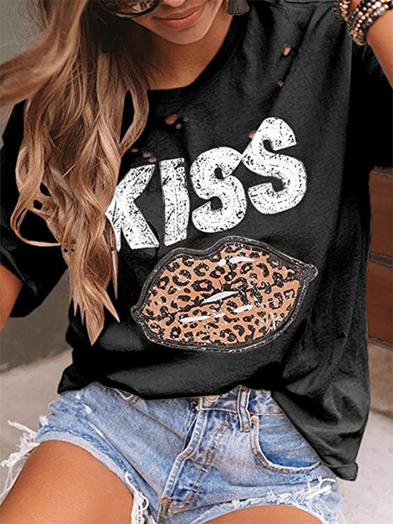 Kiss Leopard Print Round Neck Short Sleeve T-shirt - T-shirts - INS | Online Fashion Free Shipping Clothing, Dresses, Tops, Shoes - 07/07/2021 - 10-20 - color-black