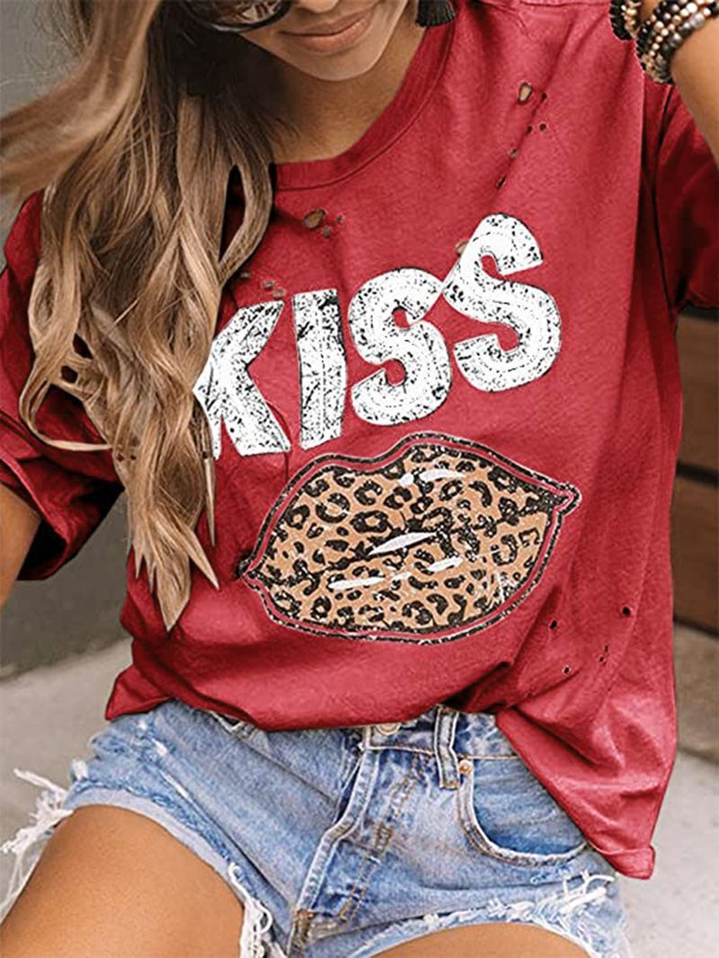 Kiss Leopard Print Round Neck Short Sleeve T-shirt - T-shirts - INS | Online Fashion Free Shipping Clothing, Dresses, Tops, Shoes - 07/07/2021 - 10-20 - color-black