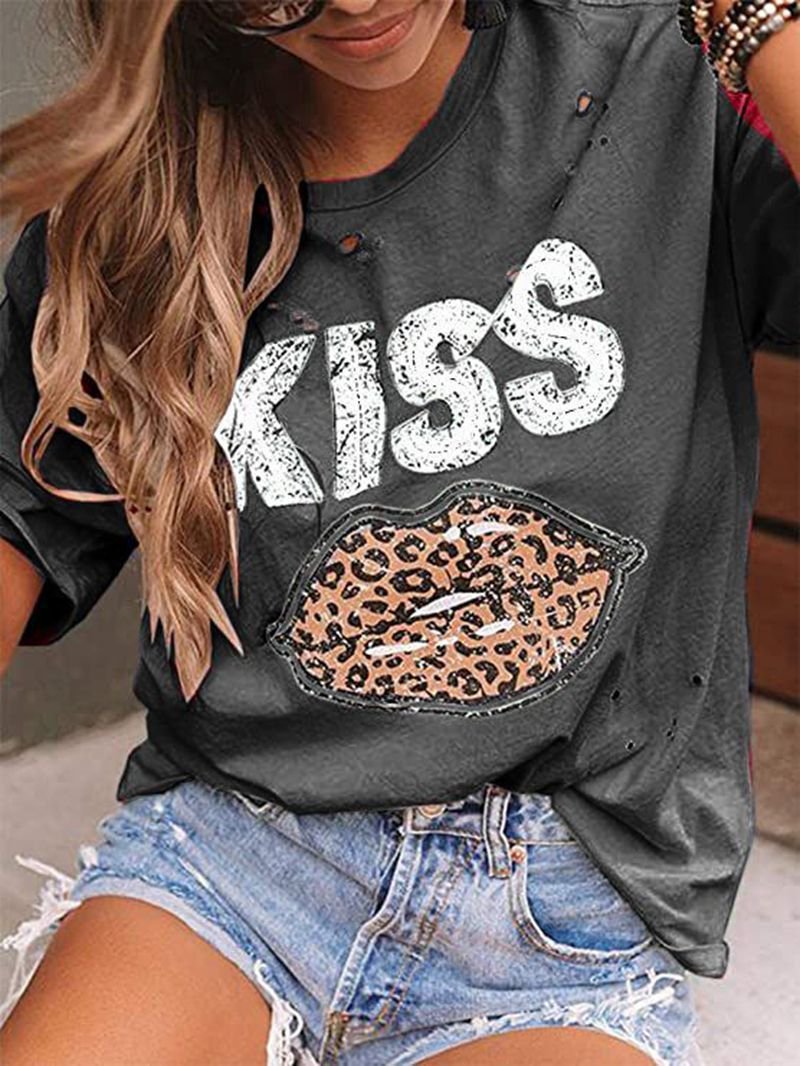 Kiss Leopard Print Round Neck Short Sleeve T-shirt - T-shirts - INS | Online Fashion Free Shipping Clothing, Dresses, Tops, Shoes - 07/07/2021 - 10-20 - color-black