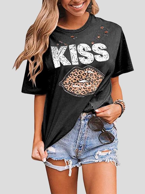 Kiss Leopard Print Round Neck Short Sleeve T-shirt - T-shirts - INS | Online Fashion Free Shipping Clothing, Dresses, Tops, Shoes - 07/07/2021 - 10-20 - color-black