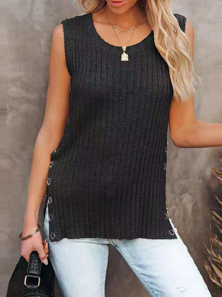 Knit Solid Sleeveless Round Neck Vest - Tank Tops - INS | Online Fashion Free Shipping Clothing, Dresses, Tops, Shoes - 09/07/2021 - 20-30 - color-black