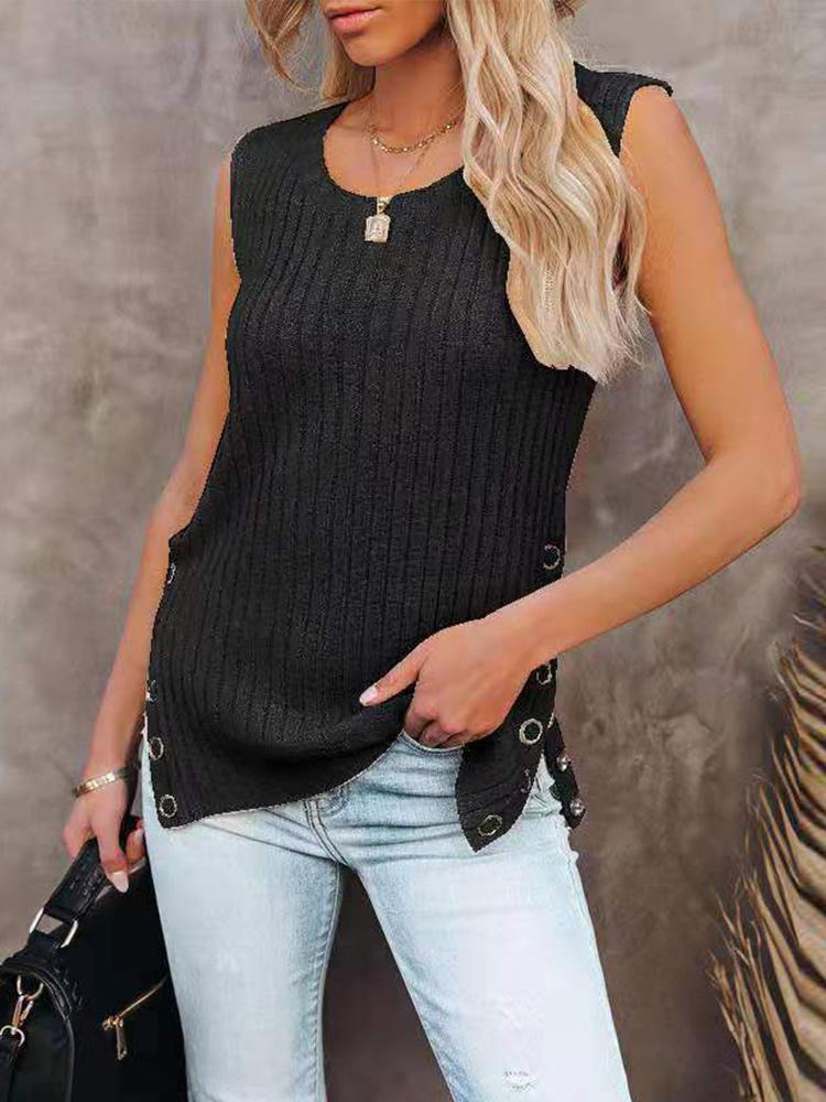 Knit Solid Sleeveless Round Neck Vest - Tank Tops - INS | Online Fashion Free Shipping Clothing, Dresses, Tops, Shoes - 09/07/2021 - 20-30 - color-black