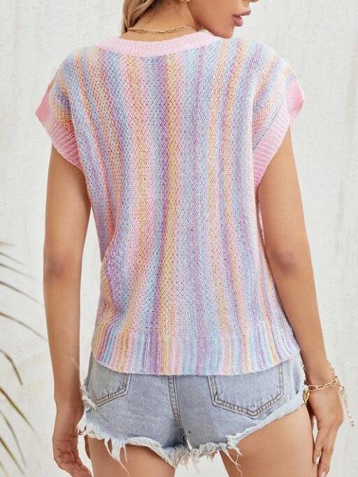 Knitted Rainbow Round Neck T-shirt - T-shirts - INS | Online Fashion Free Shipping Clothing, Dresses, Tops, Shoes - 09/07/2021 - 30-40 - color-multi
