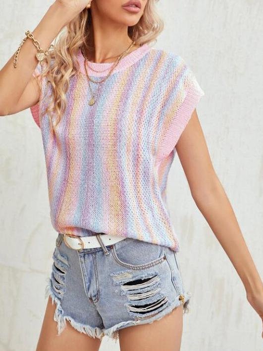 Knitted Rainbow Round Neck T-shirt - T-shirts - INS | Online Fashion Free Shipping Clothing, Dresses, Tops, Shoes - 09/07/2021 - 30-40 - color-multi