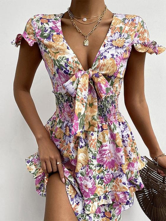 Knotted Print Ruffled V-neck Short Dress - Mini Dresses - INS | Online Fashion Free Shipping Clothing, Dresses, Tops, Shoes - 10/06/2021 - Color_Purple - DRE2106100327