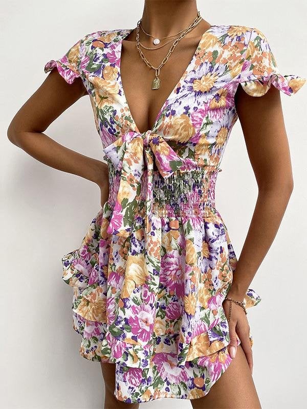 Knotted Print Ruffled V-neck Short Dress - Mini Dresses - INS | Online Fashion Free Shipping Clothing, Dresses, Tops, Shoes - 10/06/2021 - Color_Purple - DRE2106100327
