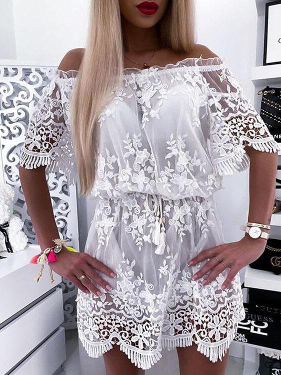 Lace Boat Neck Off-Shoulder Mini Dress - Mini Dresses - INS | Online Fashion Free Shipping Clothing, Dresses, Tops, Shoes - 08/07/2021 - 30-40 - Category_Mini Dresses