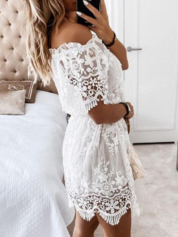 Lace Boat Neck Off-Shoulder Mini Dress - Mini Dresses - INS | Online Fashion Free Shipping Clothing, Dresses, Tops, Shoes - 08/07/2021 - 30-40 - Category_Mini Dresses