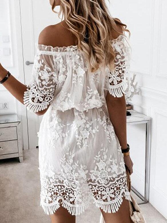Lace Boat Neck Off-Shoulder Mini Dress - Mini Dresses - INS | Online Fashion Free Shipping Clothing, Dresses, Tops, Shoes - 08/07/2021 - 30-40 - Category_Mini Dresses