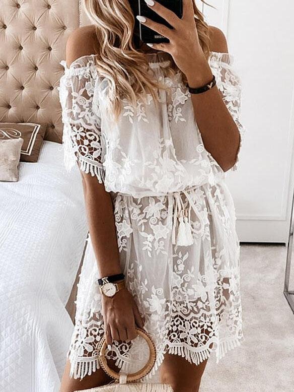 Lace Boat Neck Off-Shoulder Mini Dress - Mini Dresses - INS | Online Fashion Free Shipping Clothing, Dresses, Tops, Shoes - 08/07/2021 - 30-40 - Category_Mini Dresses