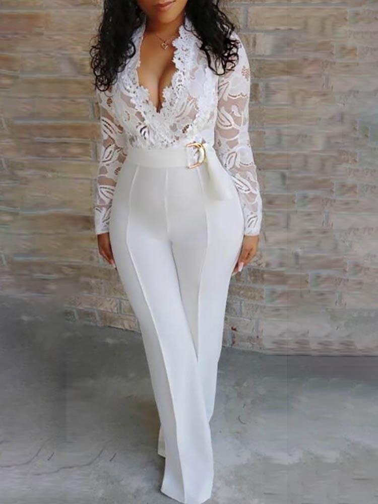 Lace Bodice Plunge Long Sleeve Jumpsuit - Jumpsuits & Rompers - INS | Online Fashion Free Shipping Clothing, Dresses, Tops, Shoes - 30/04/2021 - Color_White - JUM210430048