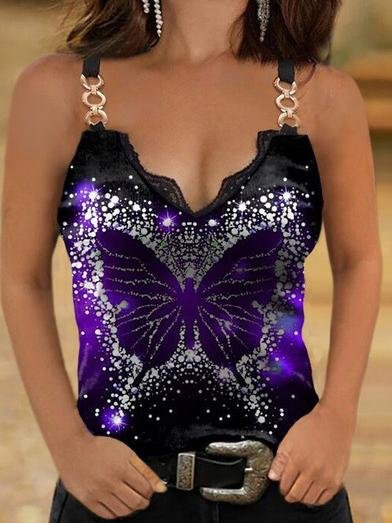 Lace Butterfly Print Casual Tank Tops - Tank Tops - INS | Online Fashion Free Shipping Clothing, Dresses, Tops, Shoes - 10-20 - 17/06/2021 - Category_Tank Tops