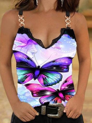 Lace Butterfly Print Casual Tank Tops - Tank Tops - INS | Online Fashion Free Shipping Clothing, Dresses, Tops, Shoes - 10-20 - 17/06/2021 - Category_Tank Tops