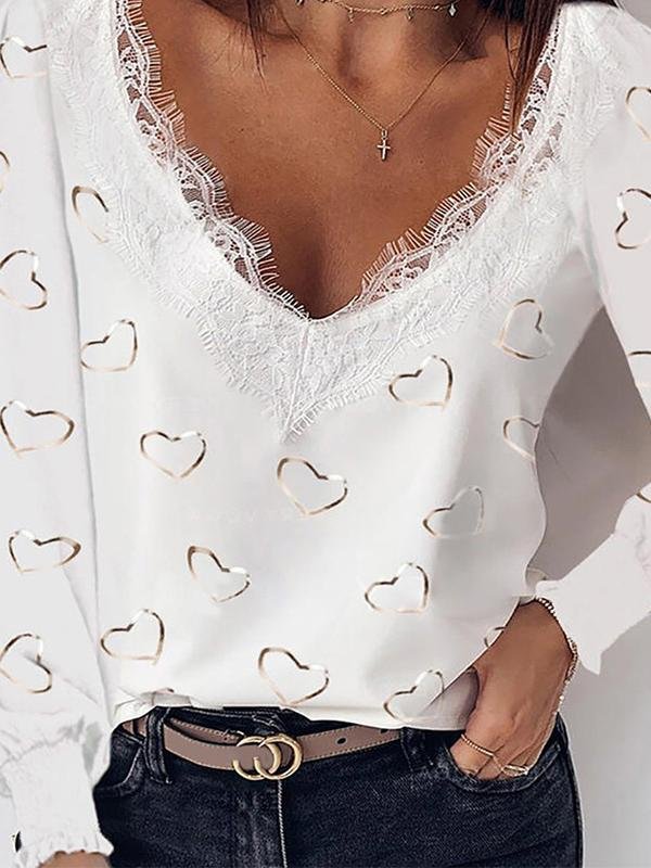 Lace Collar Bronzing Love Long-sleeved T-shirt - T-shirts - INS | Online Fashion Free Shipping Clothing, Dresses, Tops, Shoes - 31/05/2021 - Color_White - LXQ