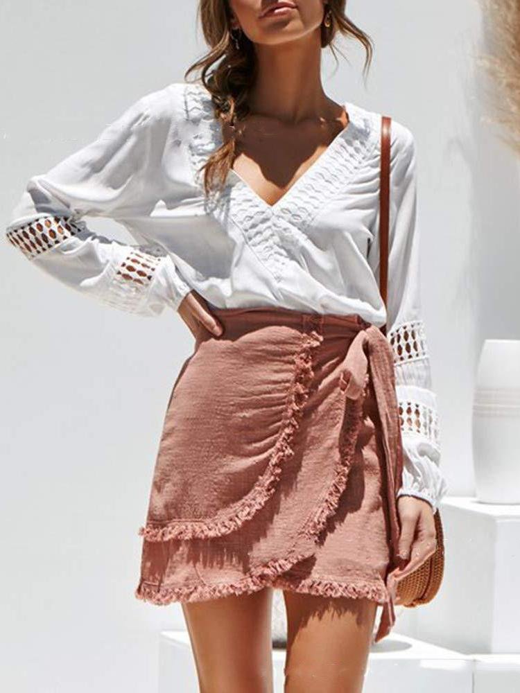 Lace Deep V-neck Long-sleeved Casual Shirt - Blouses - INS | Online Fashion Free Shipping Clothing, Dresses, Tops, Shoes - 20-30 - 28/06/2021 - BLO2106281128