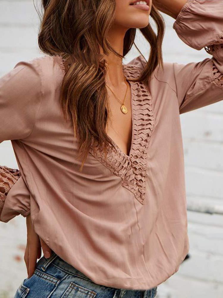 Lace Deep V-neck Long-sleeved Casual Shirt - Blouses - INS | Online Fashion Free Shipping Clothing, Dresses, Tops, Shoes - 20-30 - 28/06/2021 - BLO2106281128
