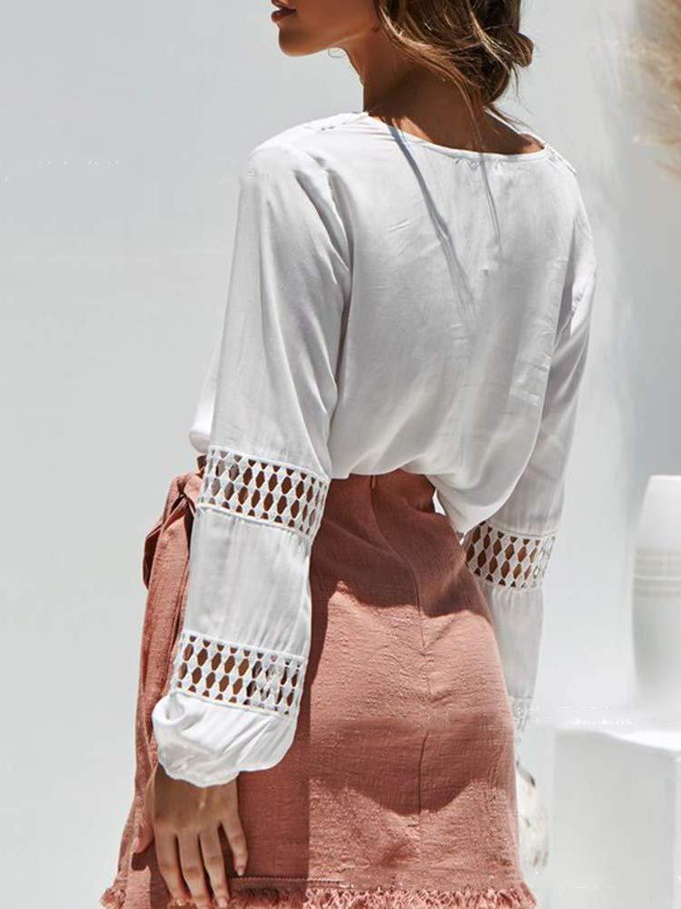 Lace Deep V-neck Long-sleeved Casual Shirt - Blouses - INS | Online Fashion Free Shipping Clothing, Dresses, Tops, Shoes - 20-30 - 28/06/2021 - BLO2106281128